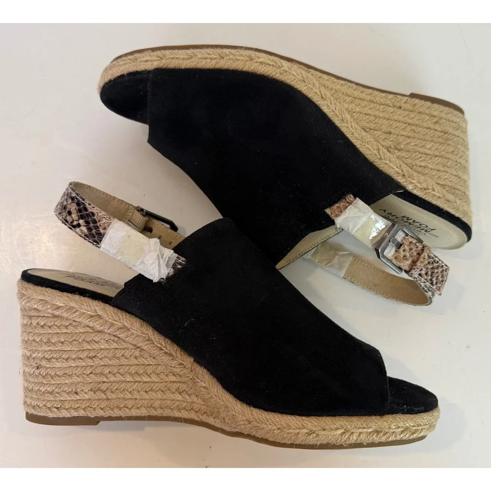 LifeStride Trina Wedge Sandal Black Suede Upper Snakeskin-Print Slingback Sz 9.5